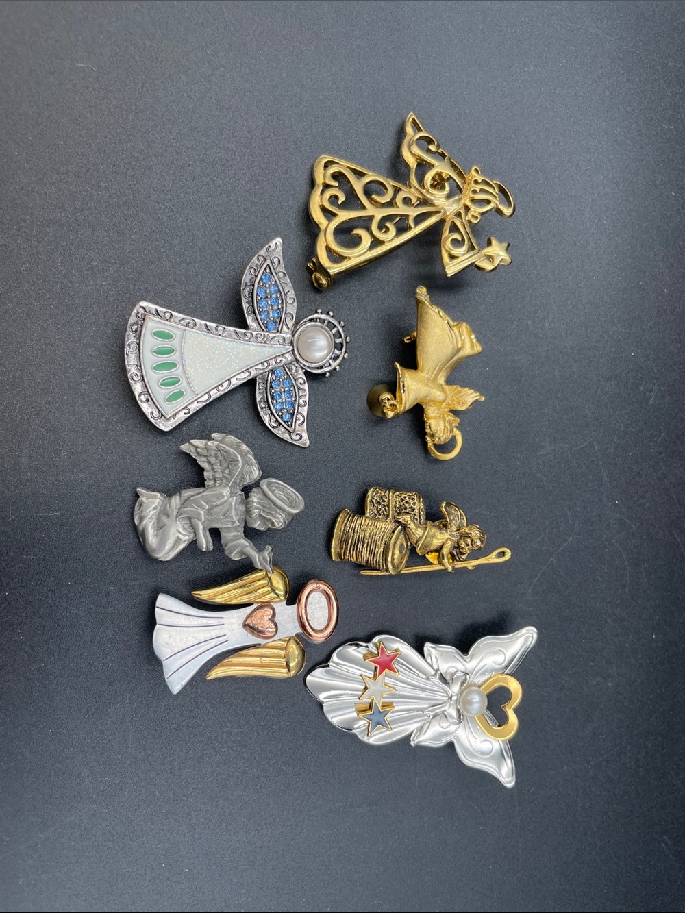 Lot of 7 Angel Brooches 6 Marked, 1 Unmarked